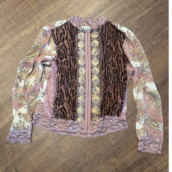 Jaipur Tops - Jaipur 90's Y2K Pink Lace Floral Zip Long Sleeve Top Fairy Sequin Metallic XL